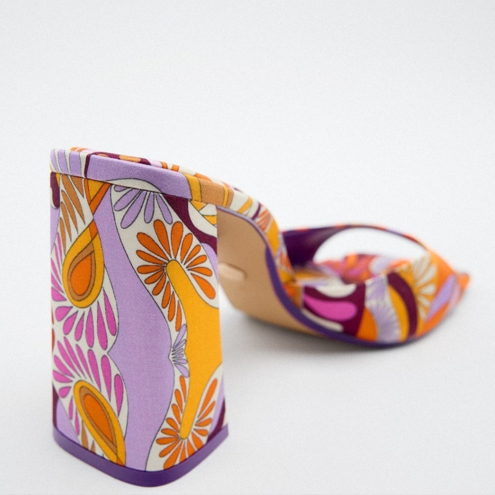 Zara Orange Purple Pink Patterned Block Heel Sandals - Picture 4 of 9